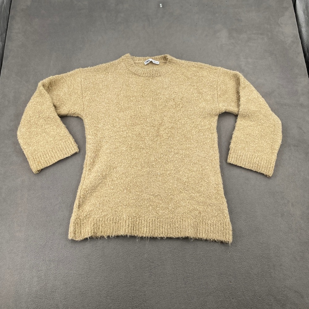 Zara Mens Tan Boucle Knit Crewneck Sweater Long Sleeve Pullover H225 Small